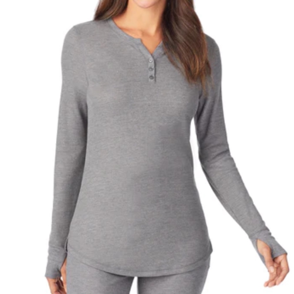 Cuddl Duds Women's Long Sleeve Grey Henley Top